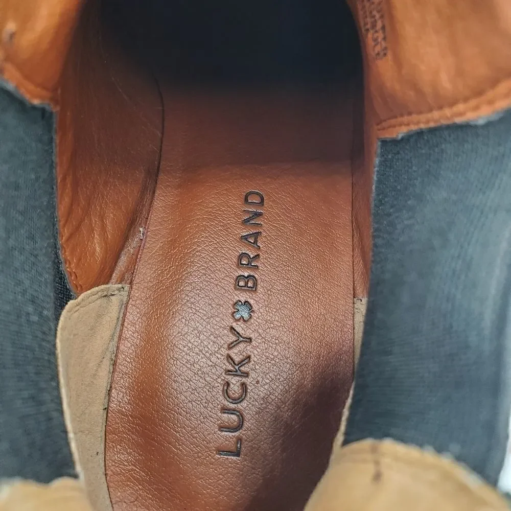 Lucky Brand Bellamy Black Suede Pull-On Almond-Toe Low Block Heel Ankle Boots